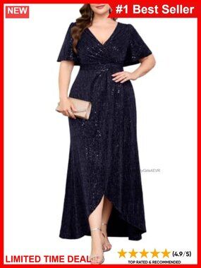 Plus Size Sequin Maxi Dress High Low Mermaid Ruffle Sleeve Wrap V Neck Formal